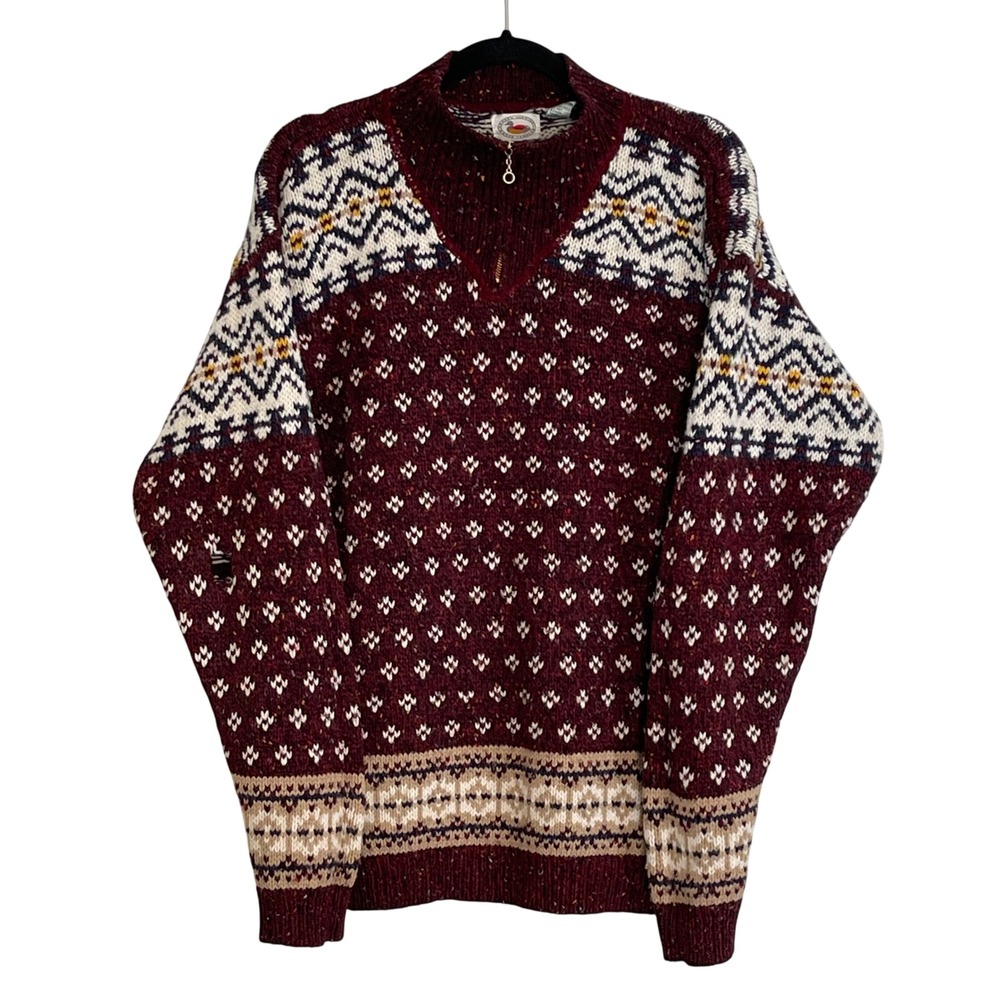 Vintage Marsh Landing Mens Burgundy Fair Isle Wool‎ Blend Quarter Zip Sweater M
